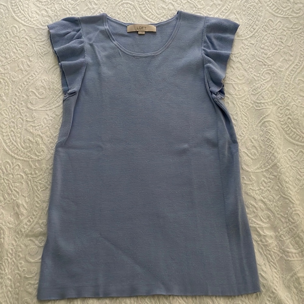 LOFT baby blue sweater tank with ruffle sleeve